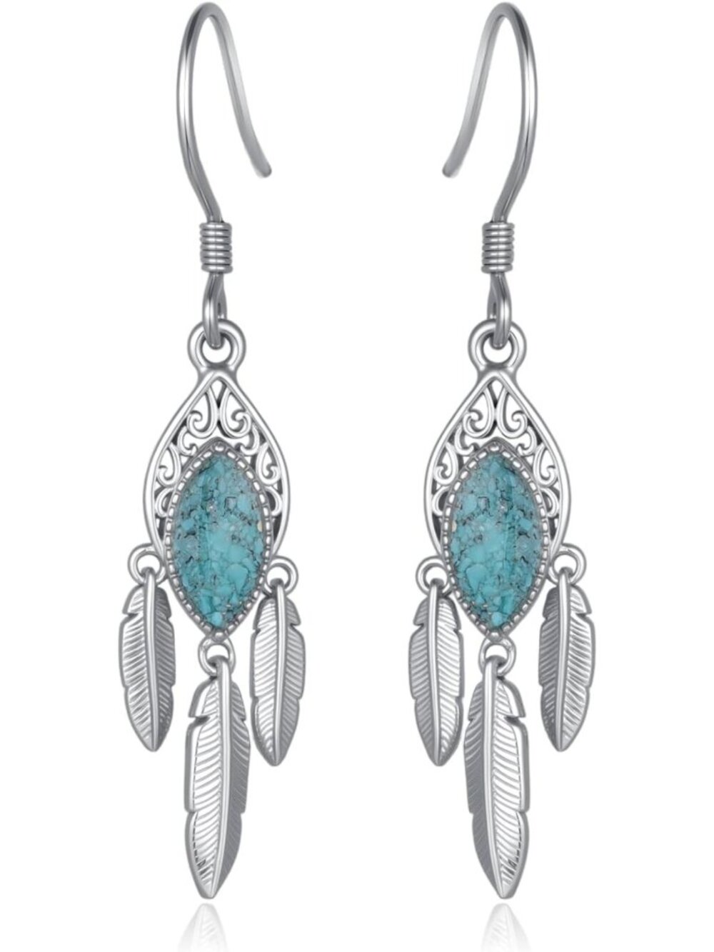Turquoise Feather Dangle Earrings in 925 Sterling Silver - Boho Chic Jewelry